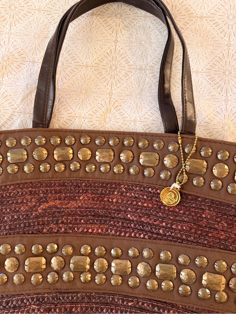 Woven Straw Tote Bag with Gold Stud Accents - Brown - Picture 2 of 4